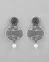 Rhodium-Plated Oxidized Contemporary With Pearl Earrings-VOJ358