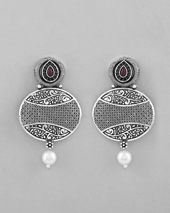 Rhodium-Plated Oxidized Contemporary With Pearl Earrings-VOJ358