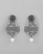 Rhodium-Plated Oxidized Contemporary With Pearl Earrings-VOJ358