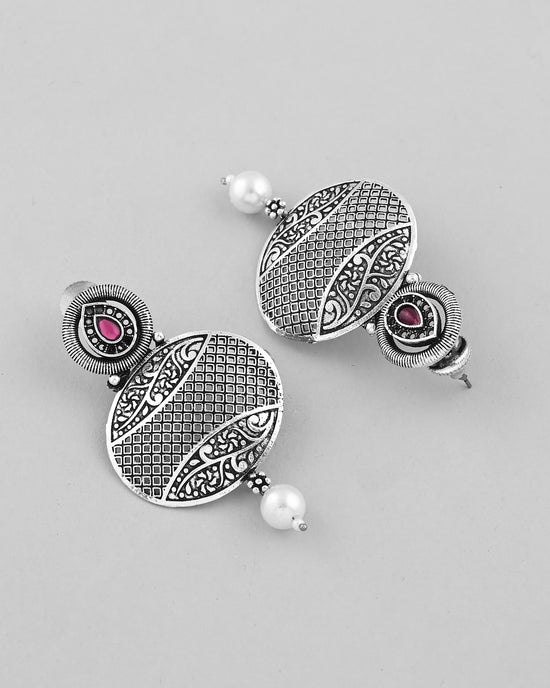 Rhodium-Plated Oxidized Contemporary With Pearl Earrings-VOJ358