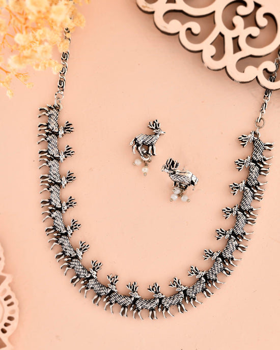 Rhodium-Plated Deer Oxidized Contemporary Choker With Earrings Set-VOJ359