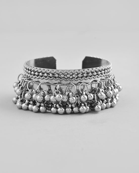 Silver-Plated Ghungroo Studded Oxidized Cuff Bracelet-VOJ360