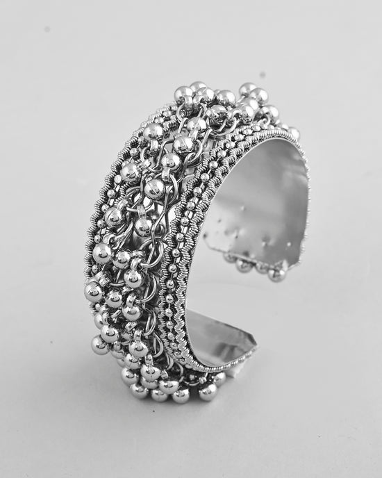 Silver-Plated Ghungroo Studded Oxidized Cuff Bracelet-VOJ360