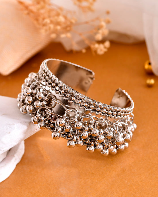 Silver-Plated Ghungroo Studded Oxidized Cuff Bracelet-VOJ360