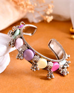 Silver-Plated Multi Colour Stone And Ghungroo Studded Oxidized Cuff Bracelet-VOJ362