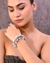 Silver-Plated Pearl And Ghungroo Studded Oxidized Cuff Bracelet-VOJ363