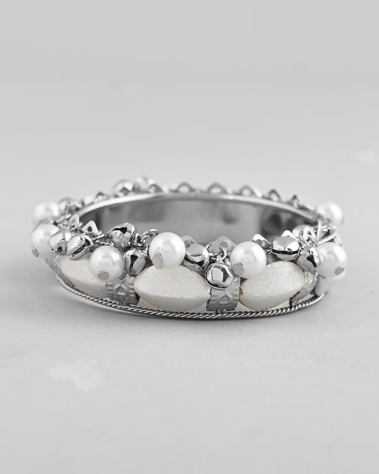 Silver-Plated Pearl And Ghungroo Studded Oxidized Cuff Bracelet-VOJ363