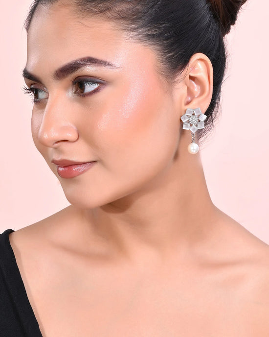 Silver Plated Floral Stone Studded Earrings-VOJ366