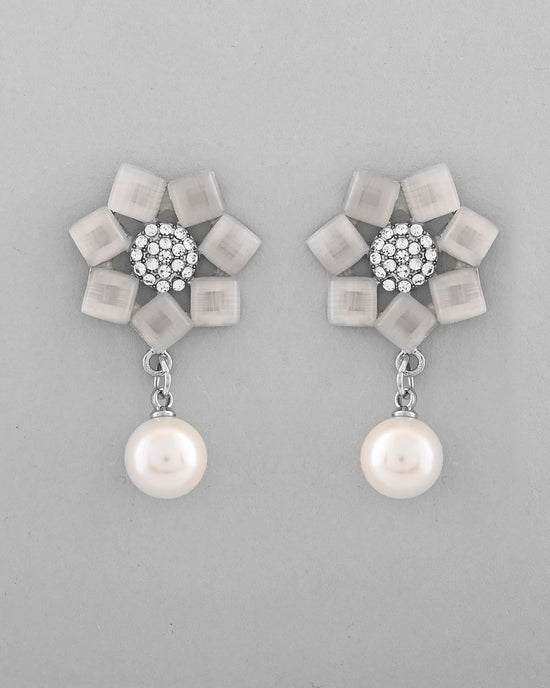 Silver Plated Floral Stone Studded Earrings-VOJ366