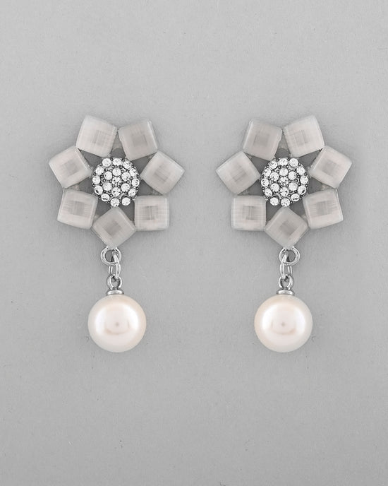 Silver Plated Floral Stone Studded Earrings-VOJ366