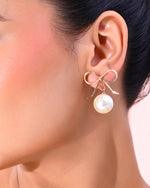 Gold Plated Pearl & Bow Shaped Classic Drop Earrings-VOJ368