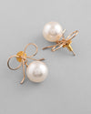 Gold Plated Pearl & Bow Shaped Classic Drop Earrings-VOJ368