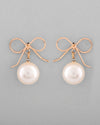 Gold Plated Pearl & Bow Shaped Classic Drop Earrings-VOJ368