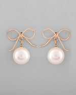 Gold Plated Pearl & Bow Shaped Classic Drop Earrings-VOJ368