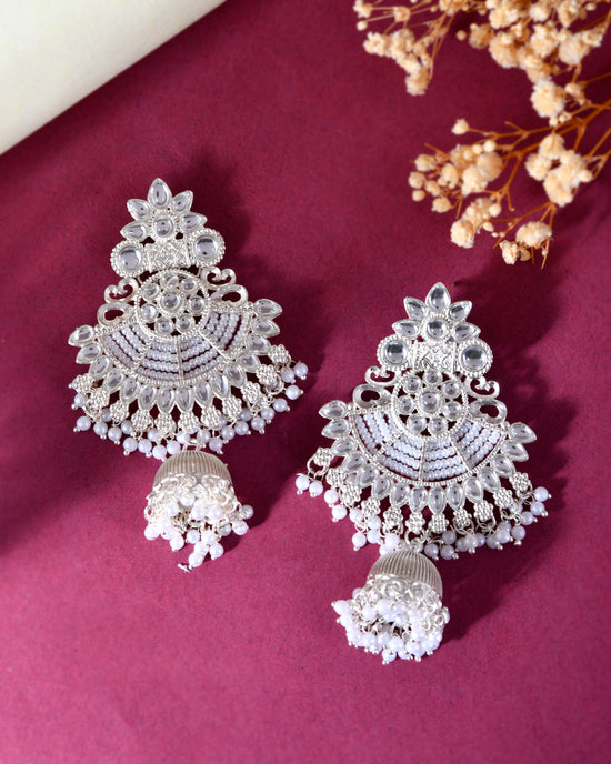 Silver plated Kundan Contemporary Jhumka Earrings-VOJ371