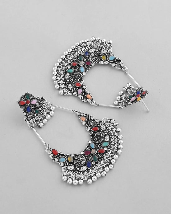 Silver plated Multi Colour Peacock Oxidized Contemporary Earrings-VOJ375