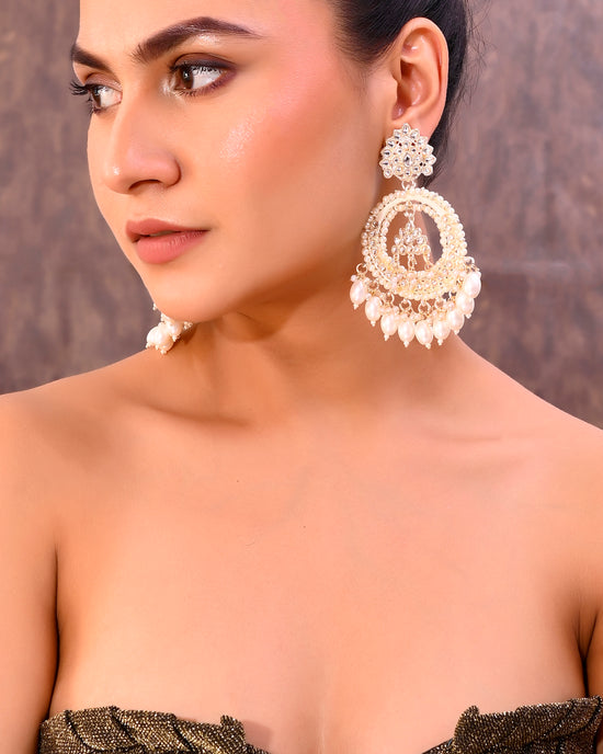 Gold Plated Kundan Studded White ChandBali Earrings-VOJ376