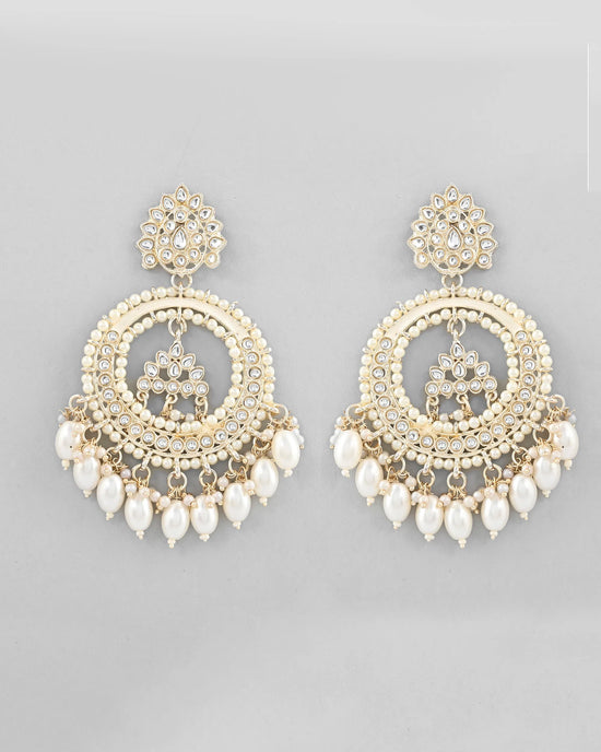 Gold Plated Kundan Studded White ChandBali Earrings-VOJ376