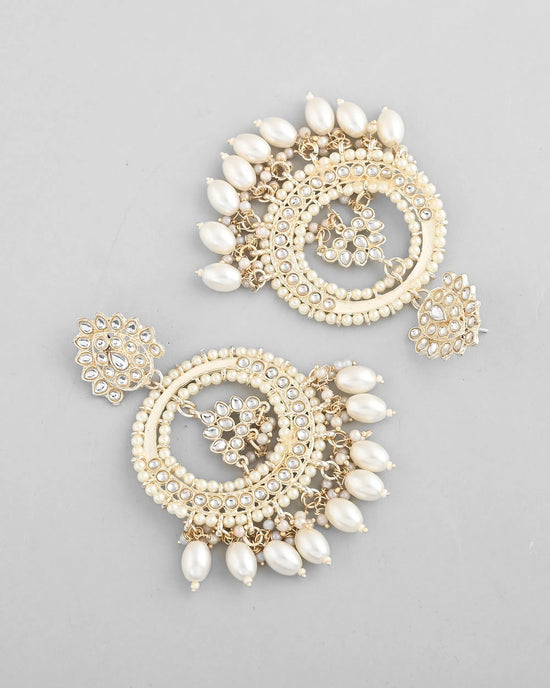 Gold Plated Kundan Studded White ChandBali Earrings-VOJ376