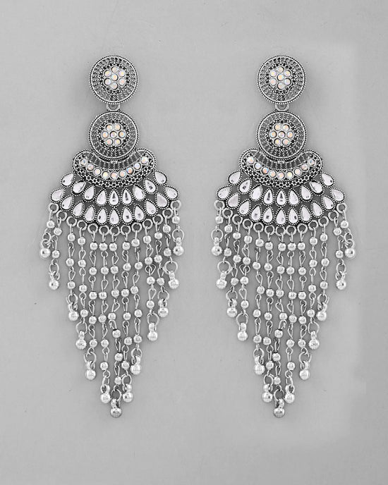 Silver-Plated Ghungroo Oxidized Drop Long Earrings-VOJ377