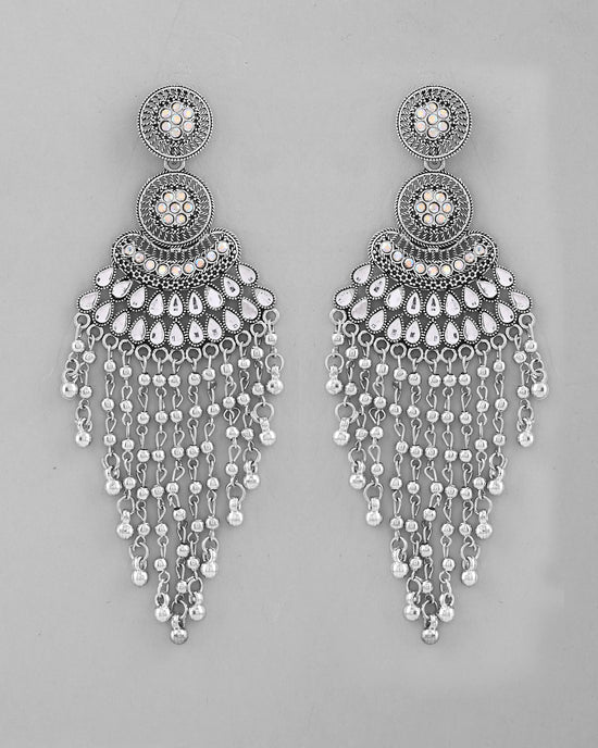 Silver-Plated Ghungroo Oxidized Drop Long Earrings-VOJ377