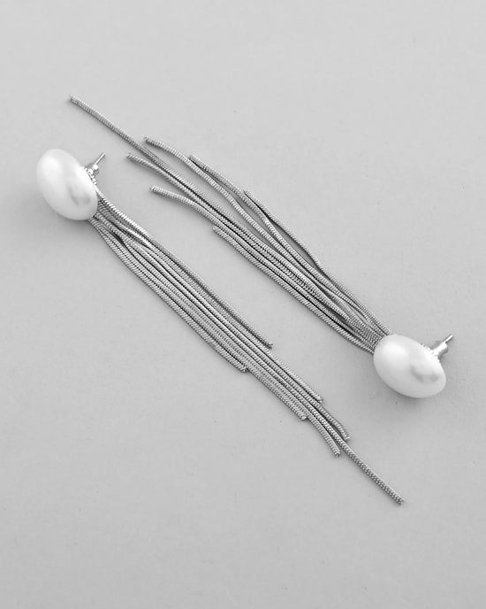 Silver-Plated Handcrafted Pearl Studded Classic Drop Earrings-VOJ379