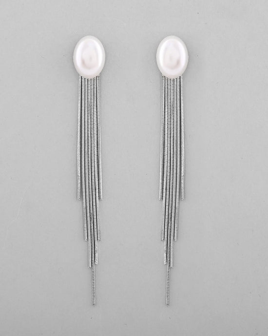 Silver-Plated Handcrafted Pearl Studded Classic Drop Earrings-VOJ379