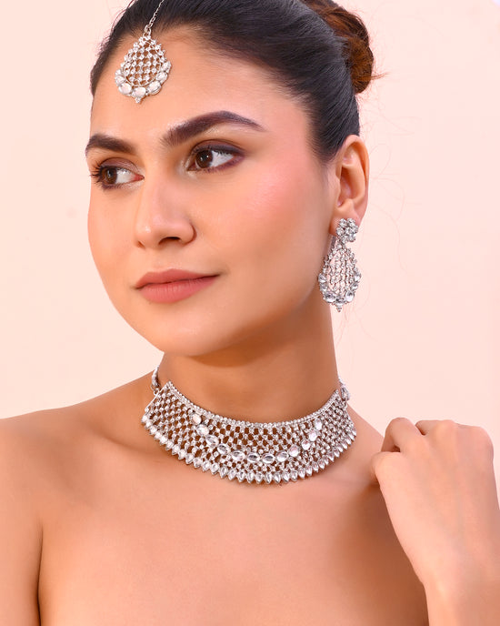 Silver Plated CZ-Stone Studded Choker Set With Mangtikka-VOJ383