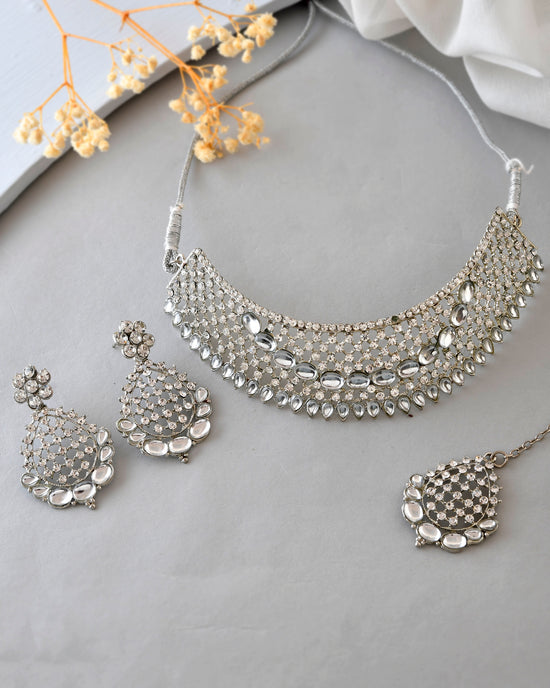 Silver Plated CZ-Stone Studded Choker Set With Mangtikka-VOJ383