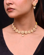 Gold Plated Pearl Studded Floral Necklace And Earrings-VOJ386