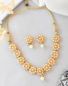 Gold Plated Pearl Studded Floral Necklace And Earrings-VOJ386