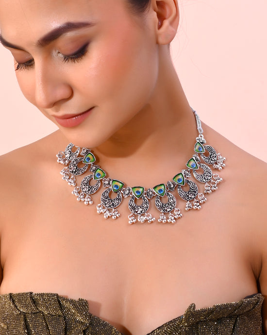 Silver Plated Peacock Contemporary Choker And Earrings-VOJ387