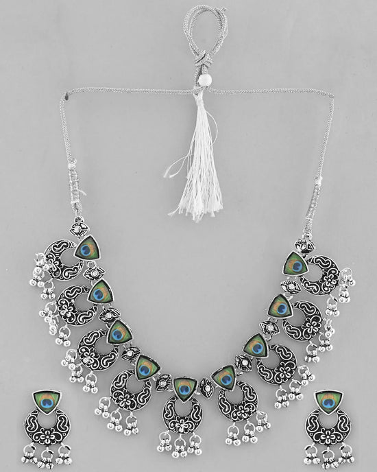 Silver Plated Peacock Contemporary Choker And Earrings-VOJ387