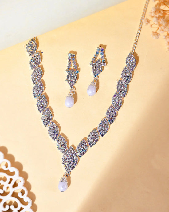 Silver Plated CZ-Stone Studded With Pearl Jewellery Set-VOJ388