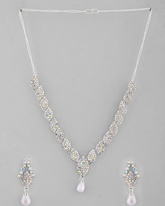 Silver Plated CZ-Stone Studded With Pearl Jewellery Set-VOJ388