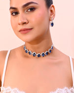 Silver Plated AD-Stone Studded With Dark Blue Stone Choker Set-VOJ392