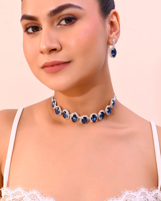 Silver Plated AD-Stone Studded With Dark Blue Stone Choker Set-VOJ392