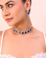 Silver Plated AD-Stone Studded With Dark Blue Stone Choker Set-VOJ392