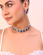 Silver Plated AD-Stone Studded With Dark Blue Stone Choker Set-VOJ392