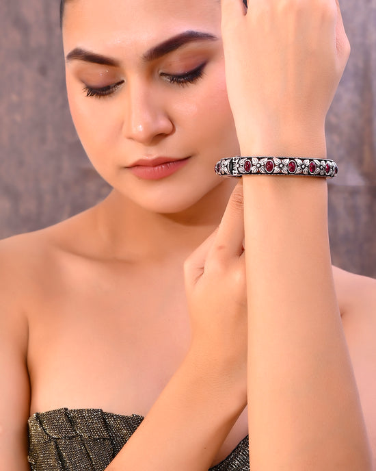 Rhodium Plated Red Stone Studded Kada Bracelet-VOJ402