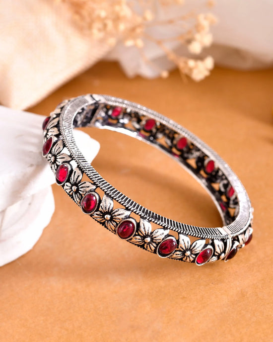 Rhodium Plated Red Stone Studded Kada Bracelet-VOJ402