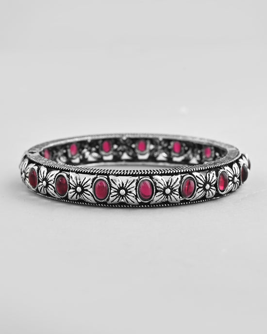 Rhodium Plated Red Stone Studded Kada Bracelet-VOJ402