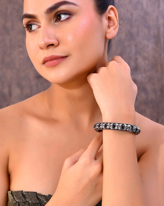 Rhodium Plated Black Stone Studded Kada Bracelet-VOJ404