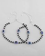 Set Of 2 Silver Plated Evil Eye With Black And Silver Beads Anklet-VOJ405