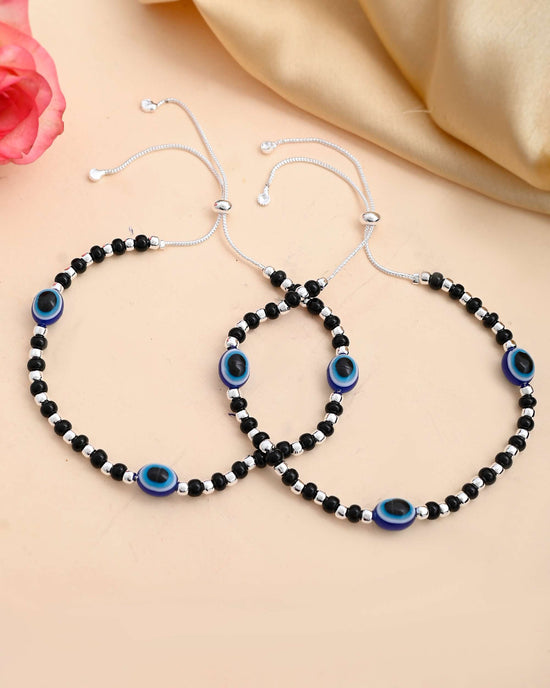 Set Of 2 Silver Plated Evil Eye With Black And Silver Beads Anklet-VOJ405