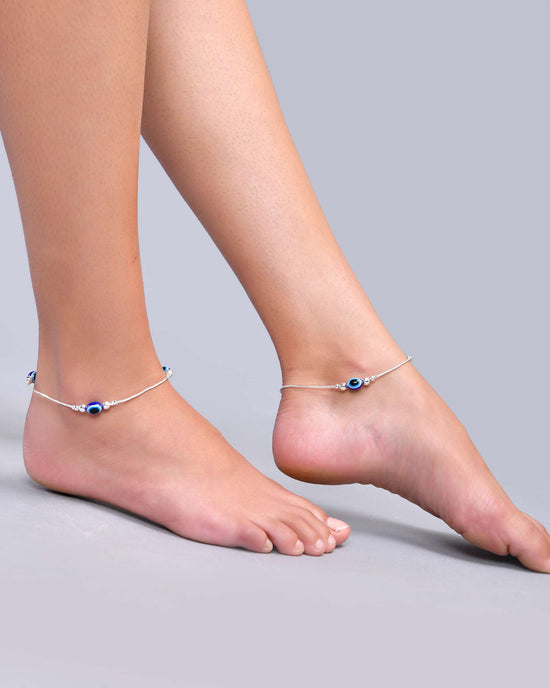 Set Of 2 Silver Plated Evil Eye Anklet-VOJ406