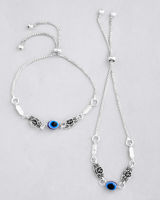 Set Of 2 Silver Plated Flower And Evil Eye HandCrafted Anklet-VOJ407