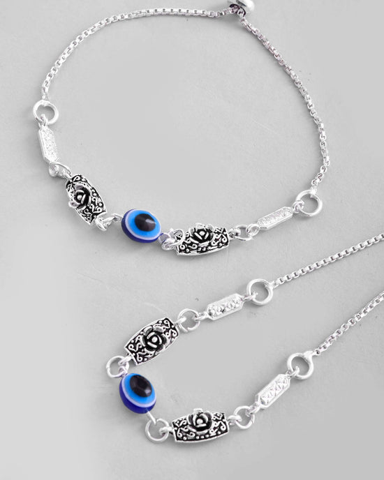 Set Of 2 Silver Plated Flower And Evil Eye HandCrafted Anklet-VOJ407