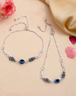 Set Of 2 Silver Plated Flower And Evil Eye HandCrafted Anklet-VOJ407