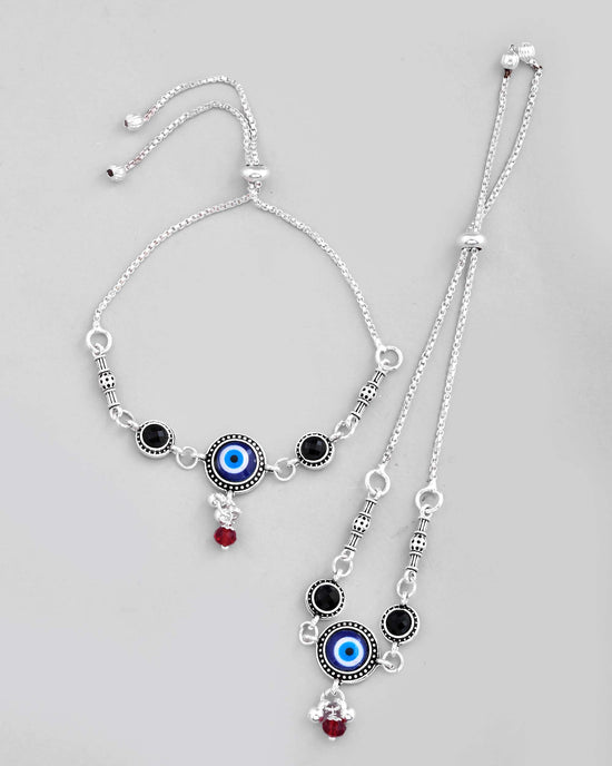 Set Of 2 Silver Plated Evil Eye HandCrafted Adjustable Anklet-VOJ409